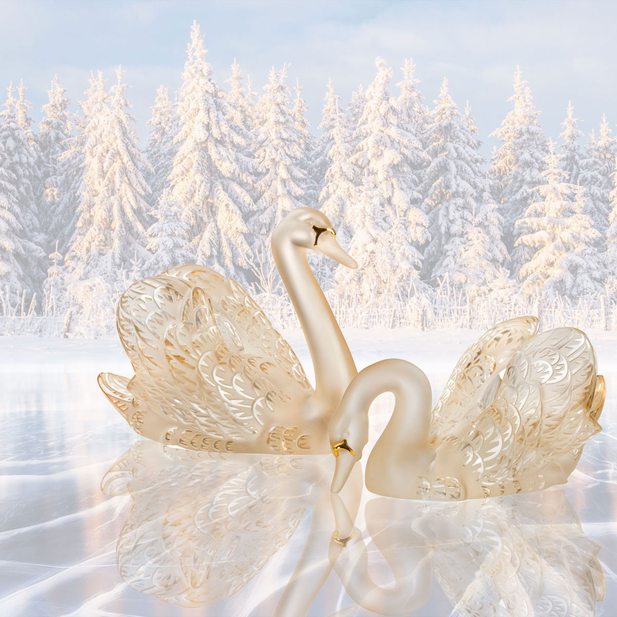 Lalique Swan Head Up Sculpture, Gold Luster